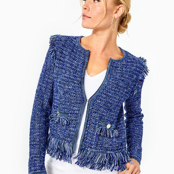 Simora Fringe Cardigan M - Oyster Bay Navy Exotic Tweed. NWOT new without tag - Picture 6 of 6